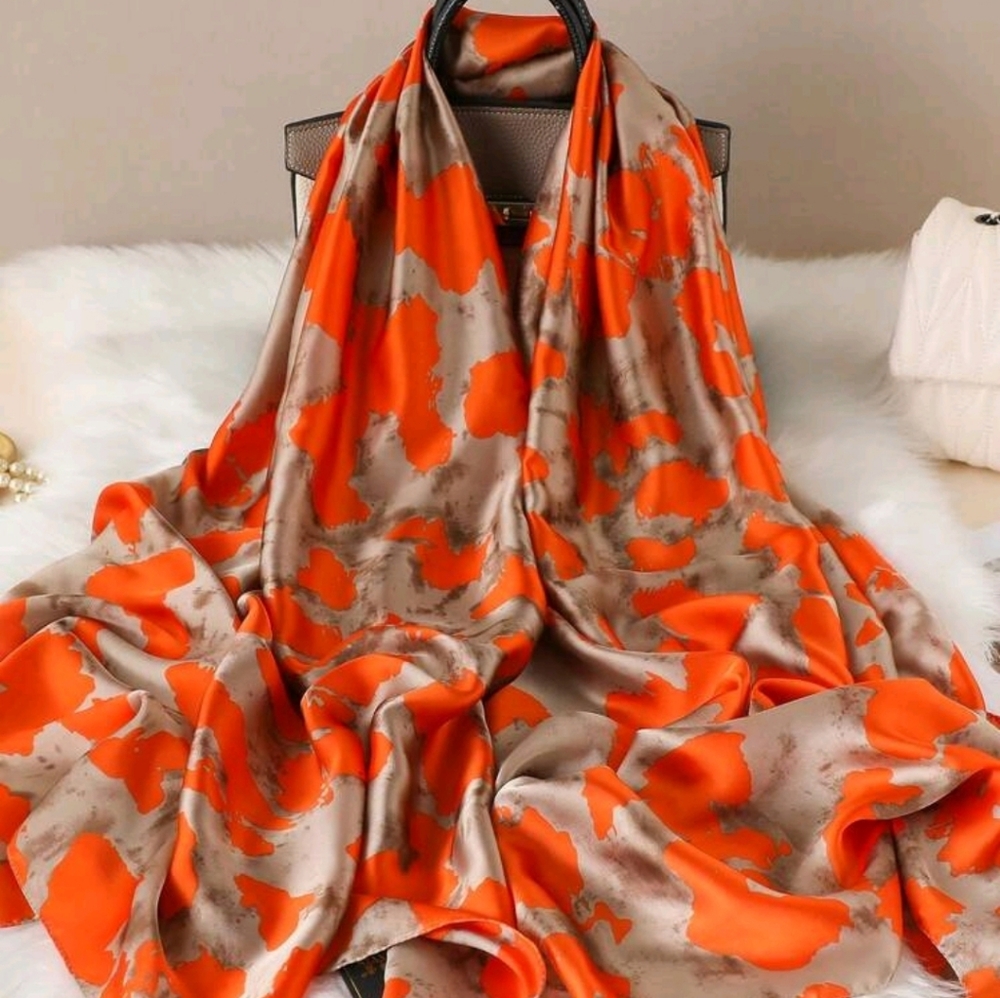 Shein Vibrant  Orange and Beige Largr  Satin Scarf